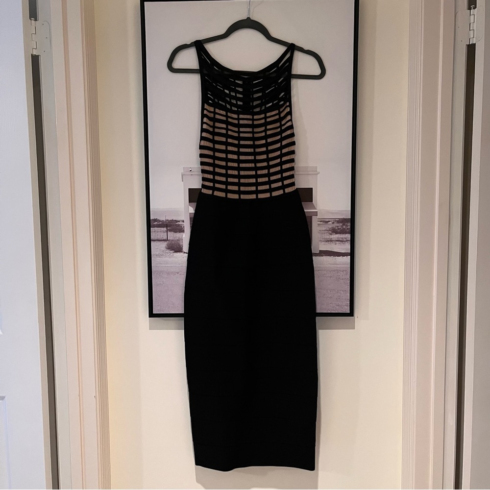 Herve Leger long Mesh Cream Black Dress